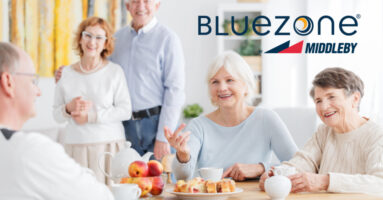 Seniors at a healthcare community and Bluezone logo