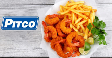 Fried shrimp and fries with Pitco logo