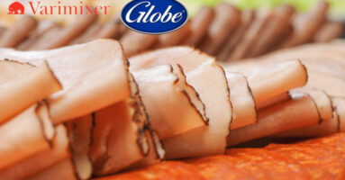 Close-up of sliced sandwich meat with Varimixer and Globe logos