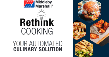 Image on left of food, writing on left Rethink Cooking Your Automated Culinary Solution with Middleby Marshall logo - commercial conveyor ovens