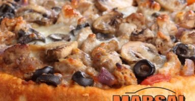 Marsal logo overlayed on image of deep dish pizza