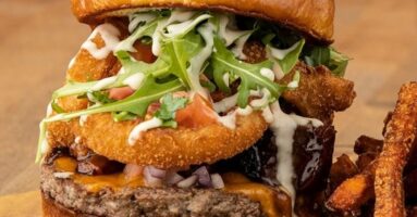 Hamburger with toppings on plate - Taylor commercial grills