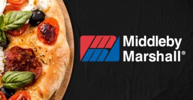 Part of a pizza pie on a black background with MIddleby Marshall logo