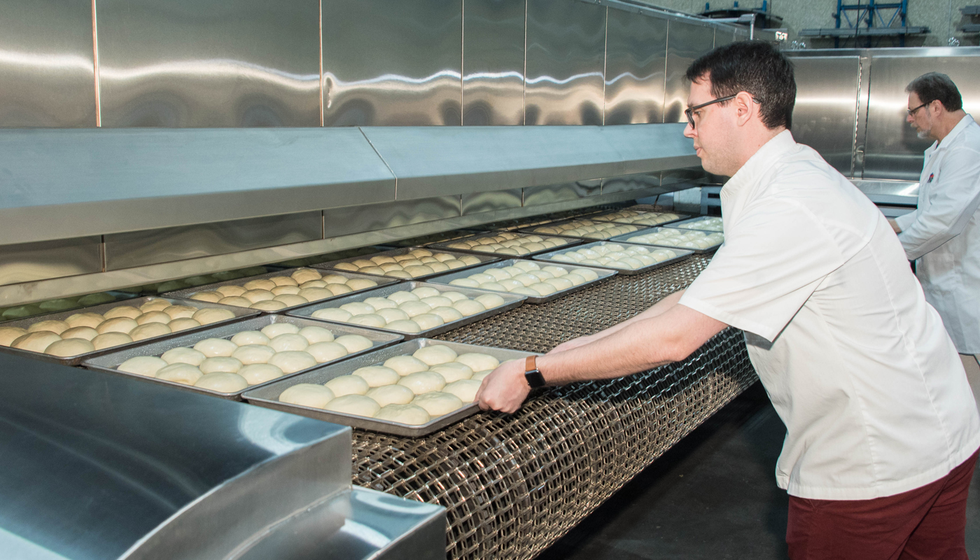 Industrial bun baking demonstration at the Middleby Bakery Innovation Center in Plano, Texas