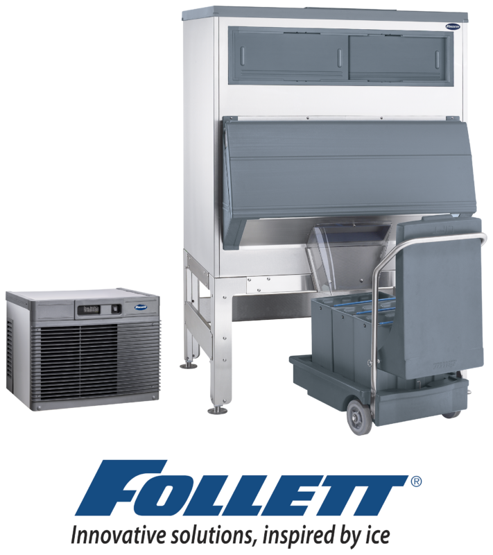 follett ice machine and bin on white background